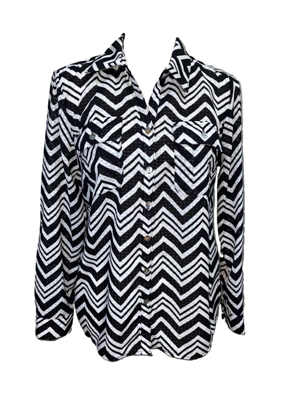 Coral Bay Chevron Button Down Blouse Black & White Graphic Zig Zag Pattern